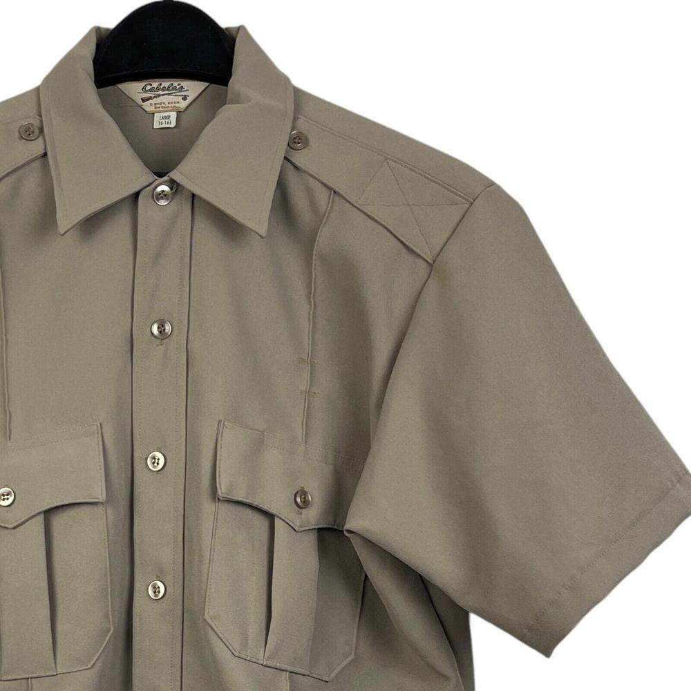 Vintage 80s Cabelas Mens Large Polyester Military Short Sleeve Button Up Tan